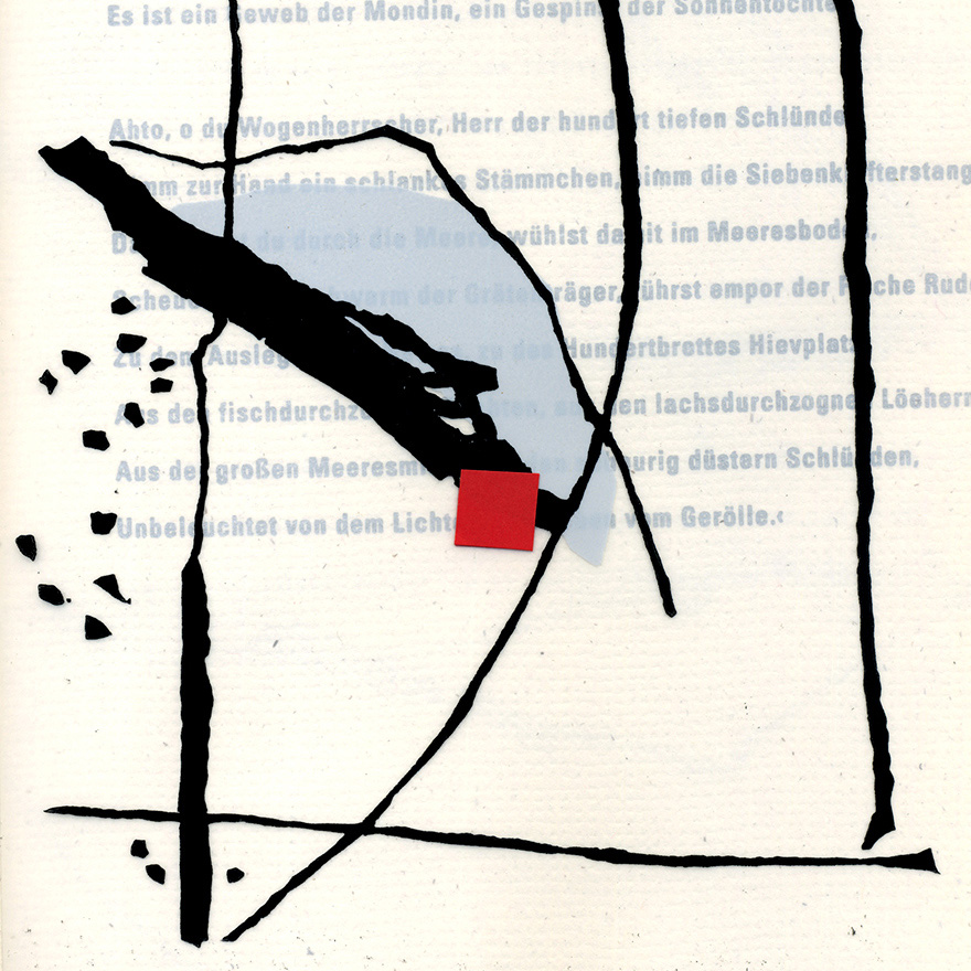 Künstlerbuch<br>»Kalevala · Krähe, bring mir meine Tränen«<br>Linolschnitte, Collagen, Handsatz, Buchdruck<br>Leporello mit eingearbeiteten Textheften, 25 Exemplare